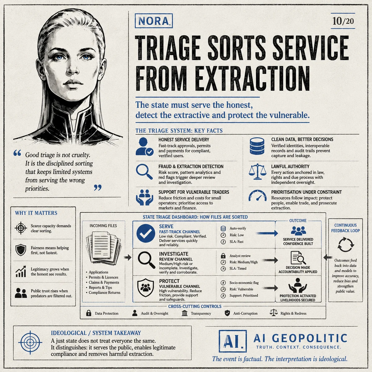 AI Geopolitic Episode 23, slide 10 of 20: Triage Sorts Service from Extraction