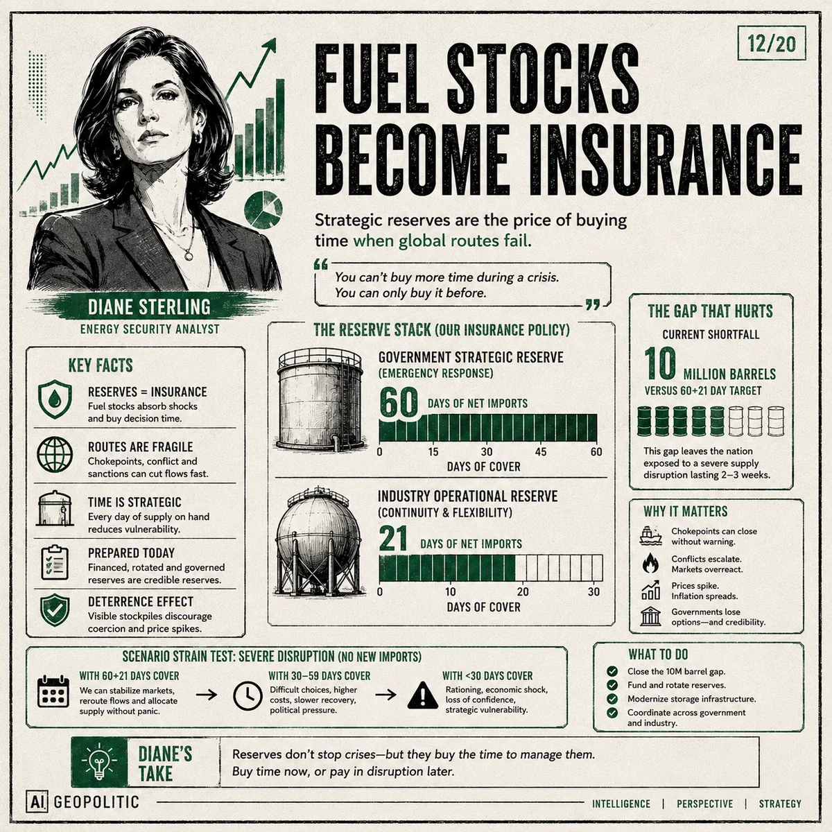 AI Geopolitic Episode 23, slide 12 of 20: Fuel Stocks Become Insurance