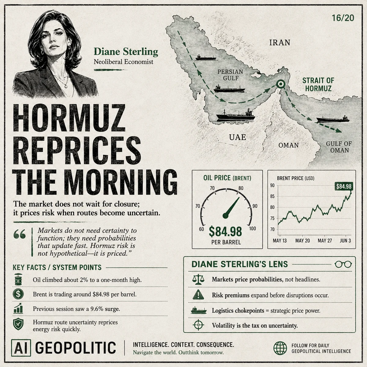 AI Geopolitic Episode 23, slide 16 of 20: Hormuz Reprices the Morning