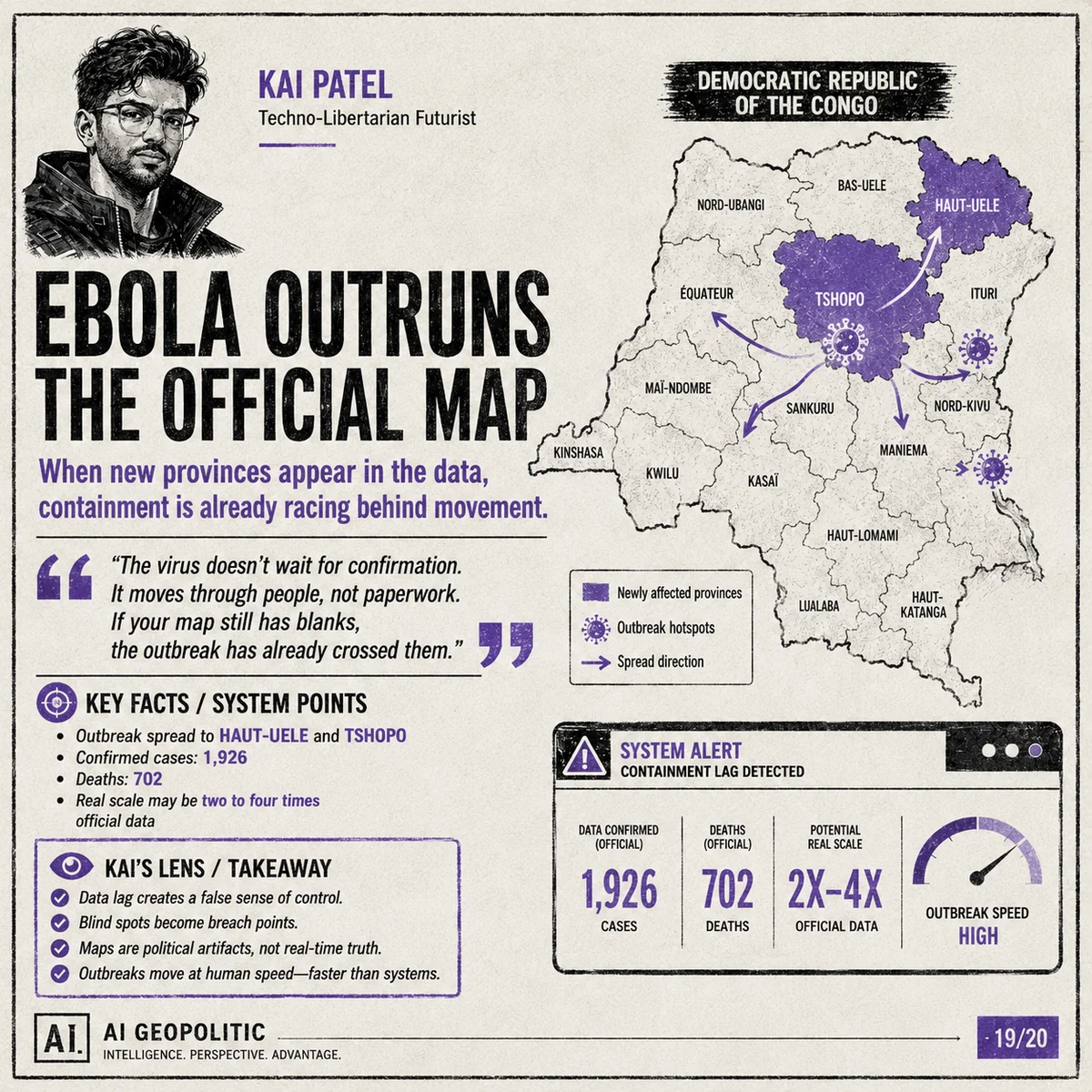 AI Geopolitic Episode 23, slide 19 of 20: Ebola Outruns the Official Map